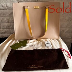 Kate Spade New York Leather Tote – Warm Grey with Yellow Trim